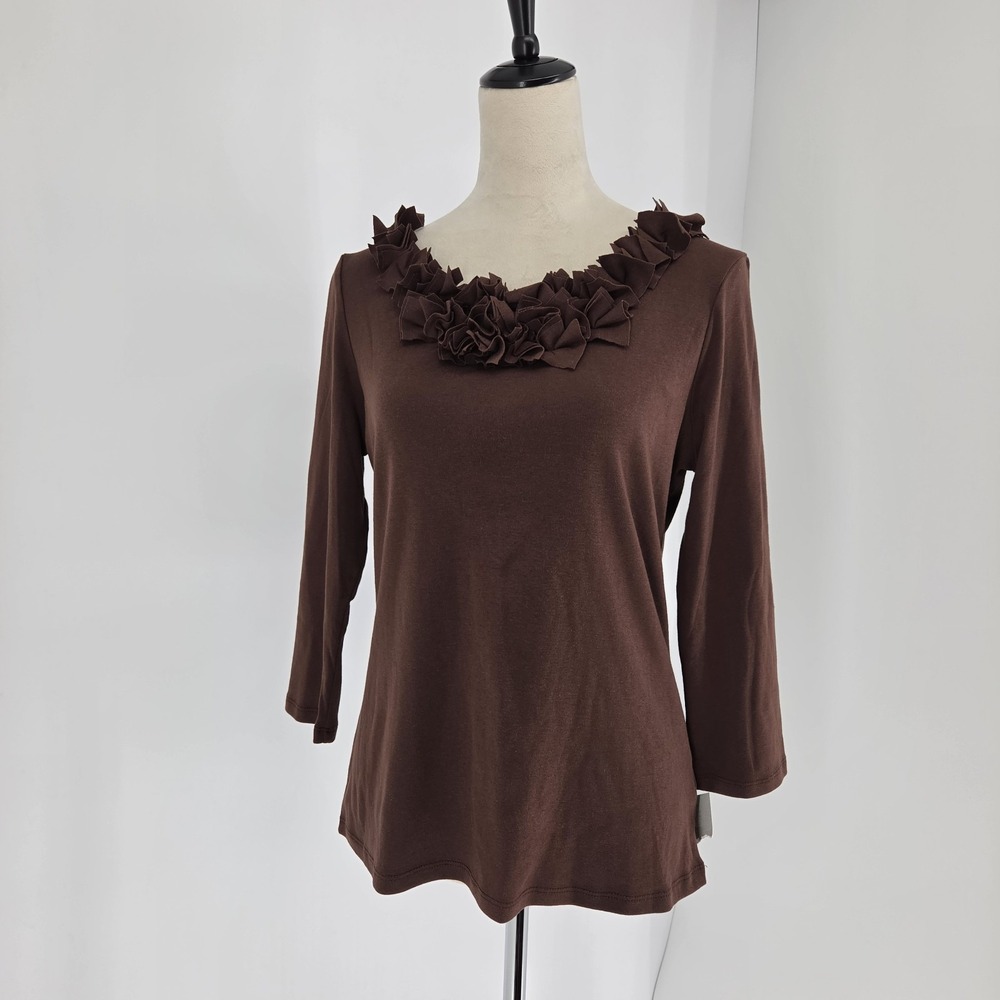 Womens Ruffle Trim Neckline Top Large Coquette Fall Statement Chocolate Brown
